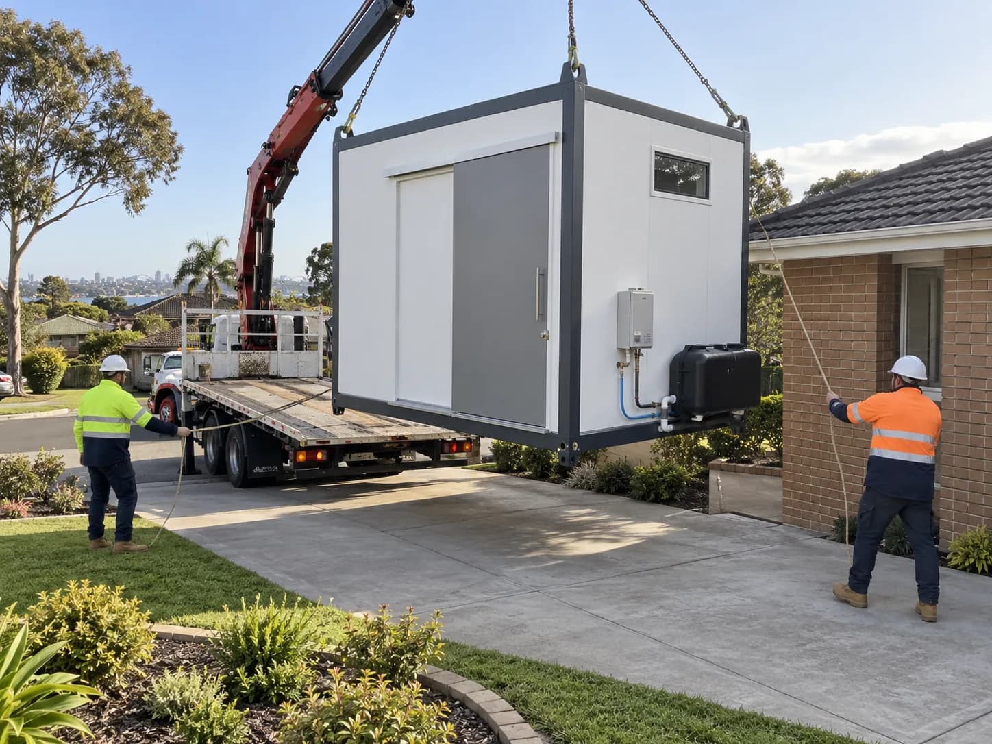 Crane truck lifting an accessible bathroom module into position beside a home