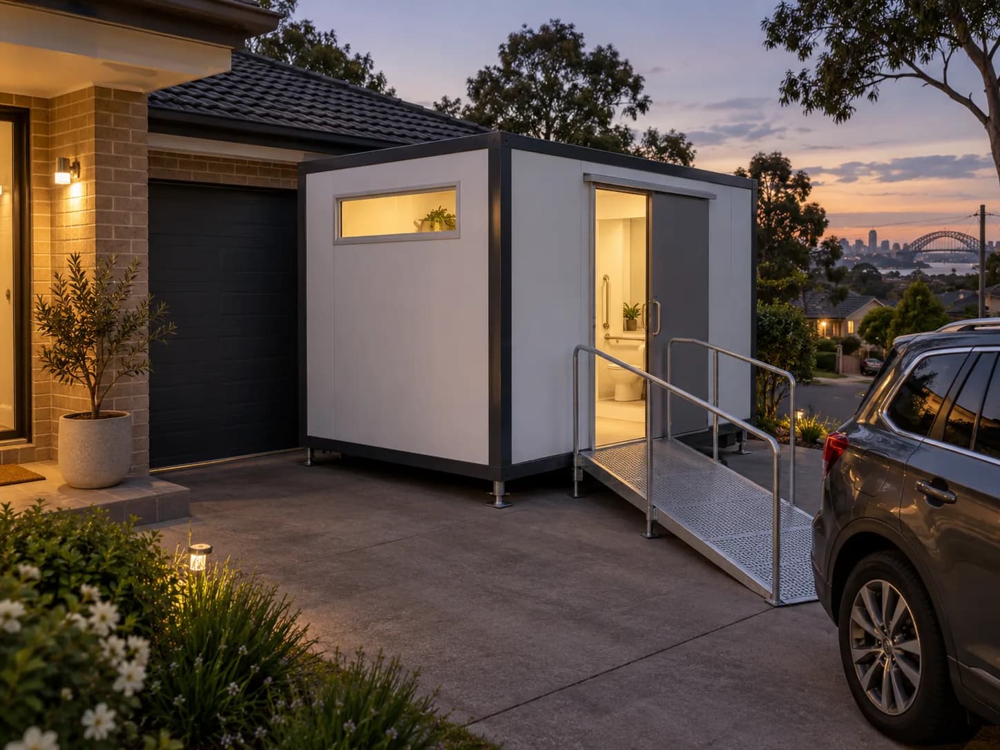 Accessible NDIS bathroom on hire, set on a driveway beside a home with a ramp to the door