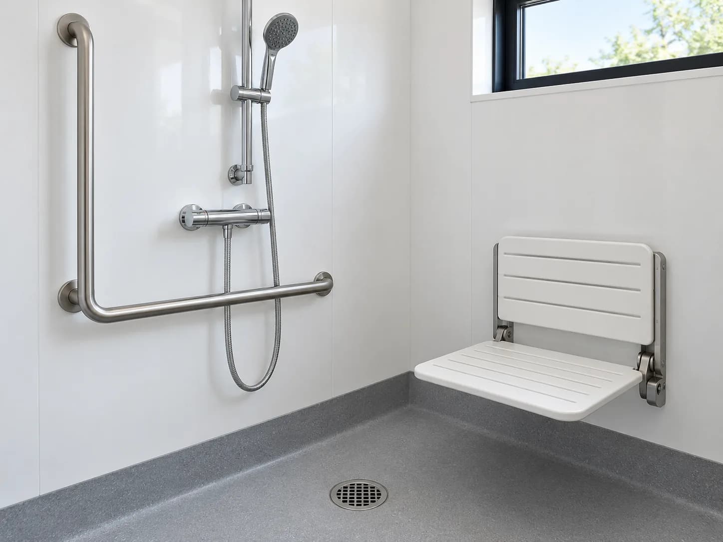 Hobless shower with fold-down seat, grab rails and handheld shower