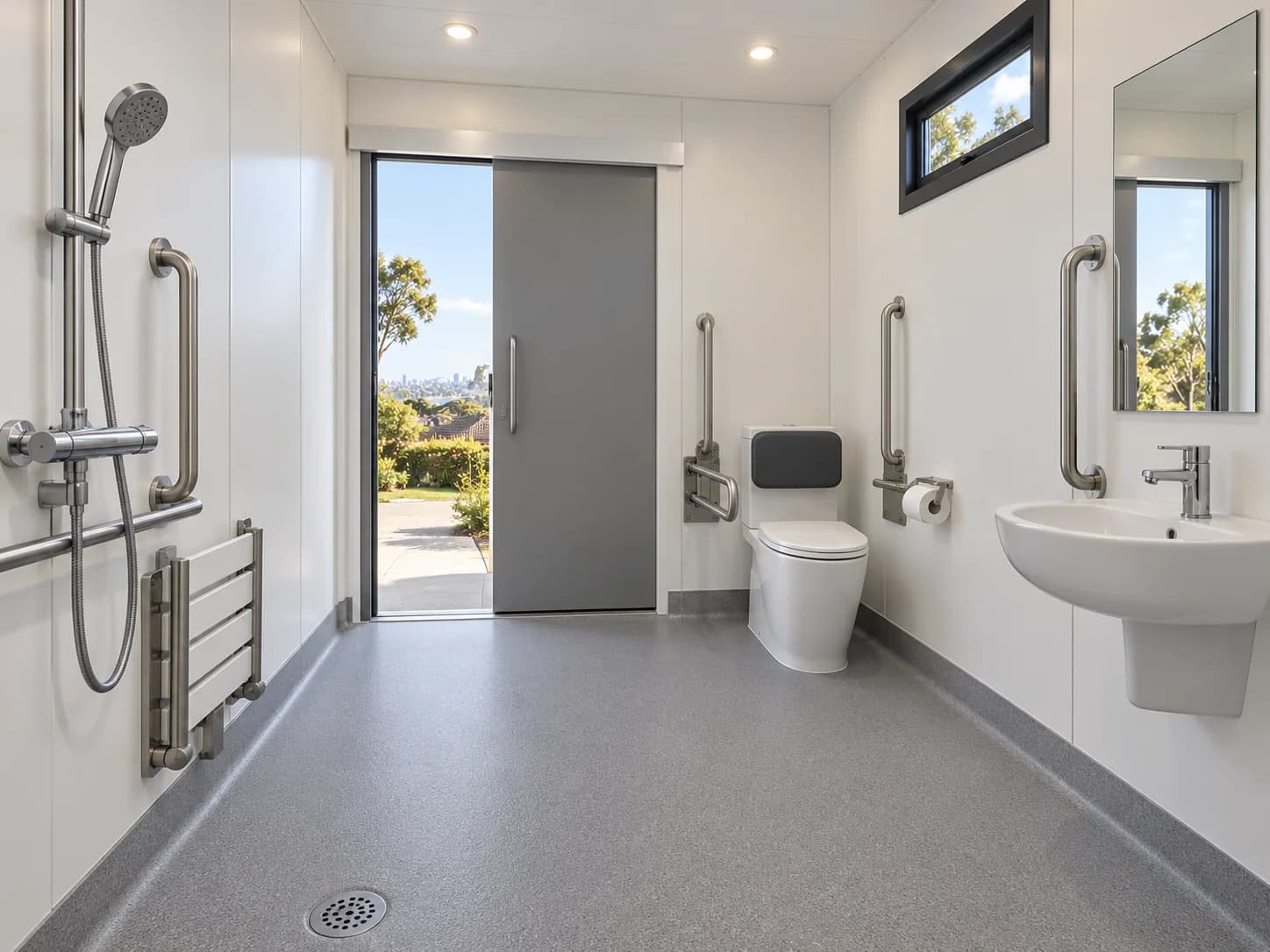 Accessible bathroom interior with toilet, basin, grab rails and sliding door