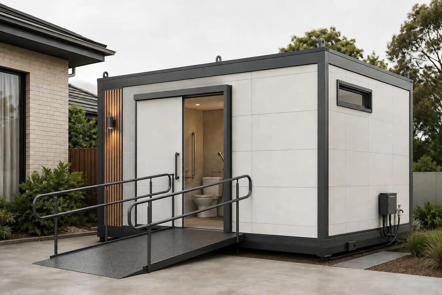 Exterior of an accessible bathroom module with sliding door and ramp