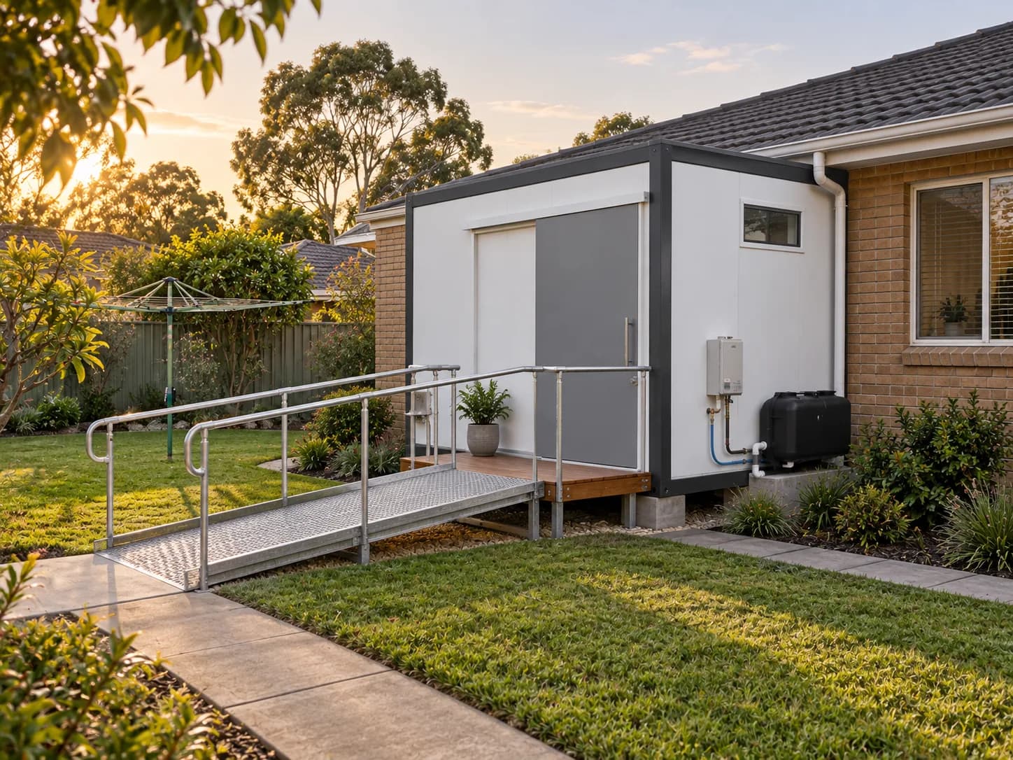 Permanent accessible bathroom module joined to the side of a brick home, with a ramp and handrails