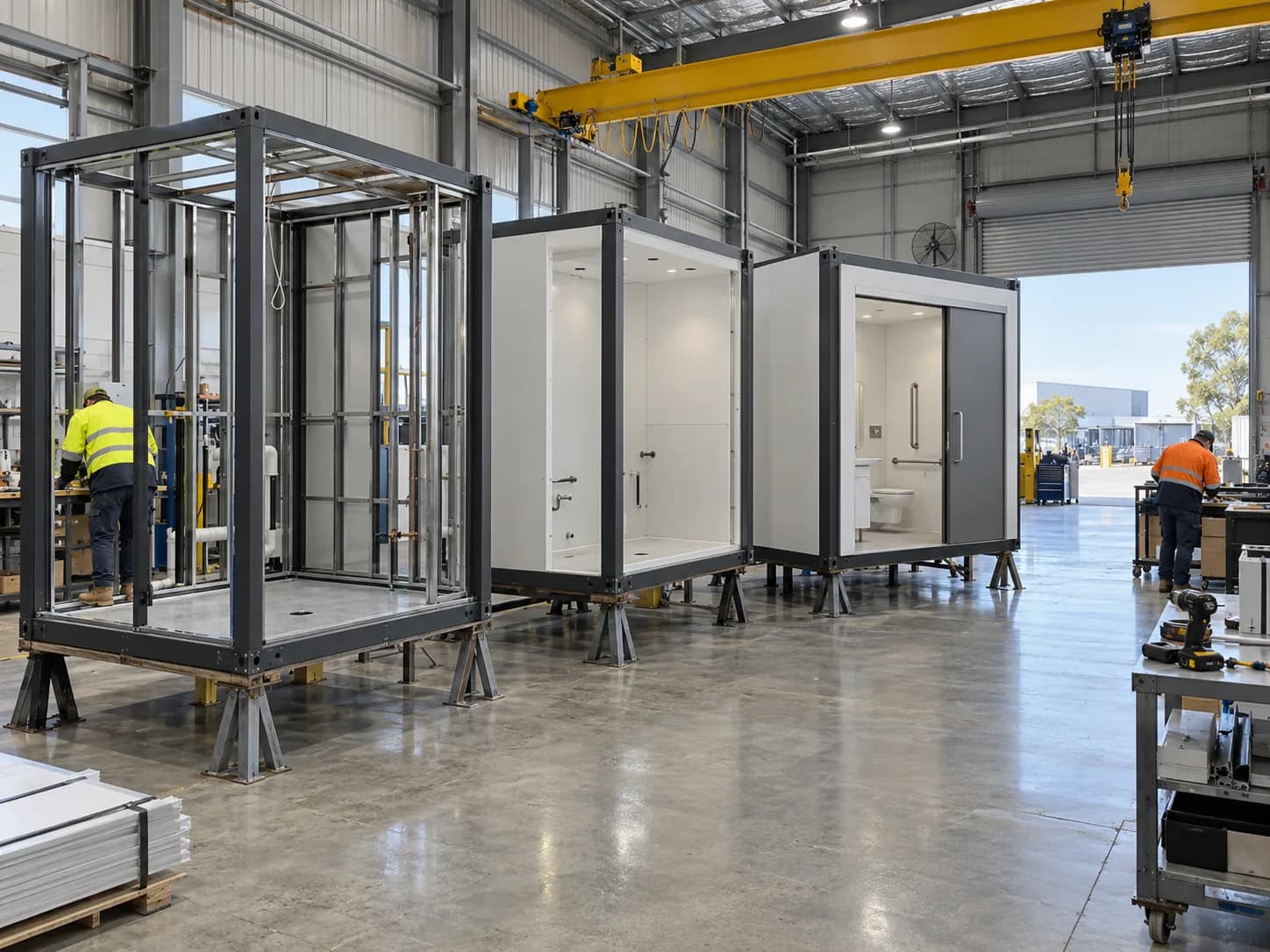 Accessible bathroom modules at framing and fit-out stages on the Prefab Concepts factory floor in Milperra