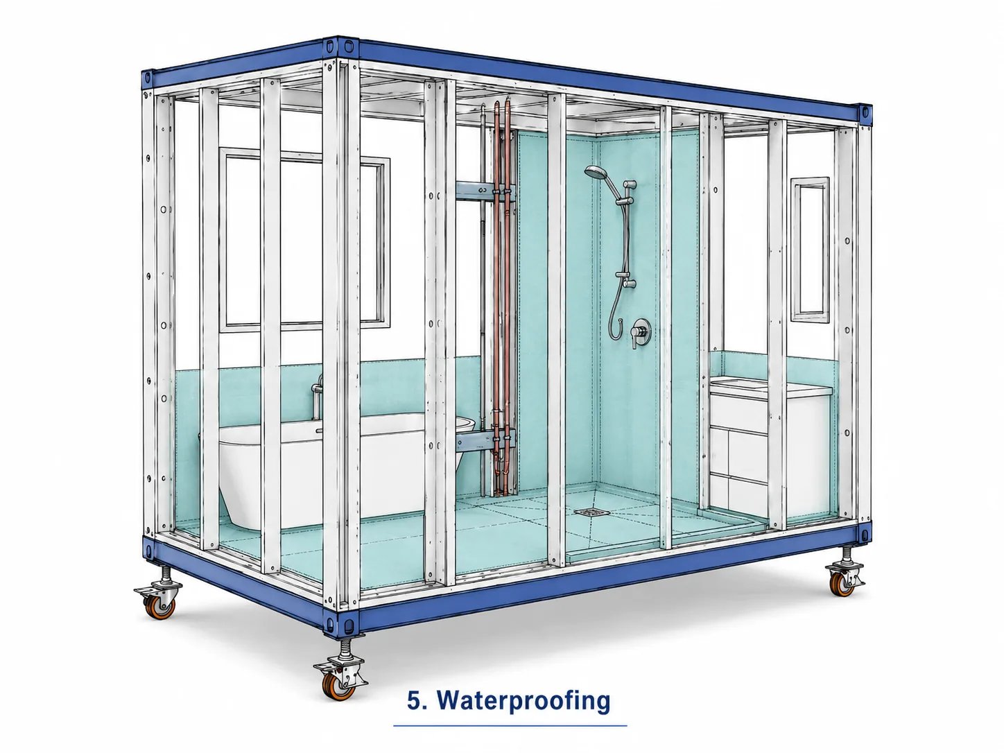 Prefabricated bathroom pod waterproofing stage