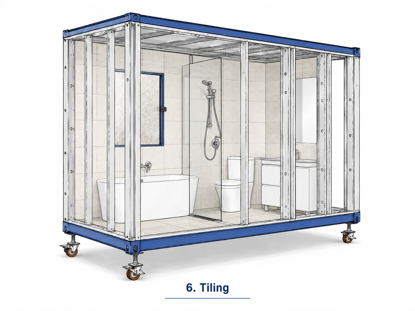 Prefabricated bathroom pod tiling stage in Sydney