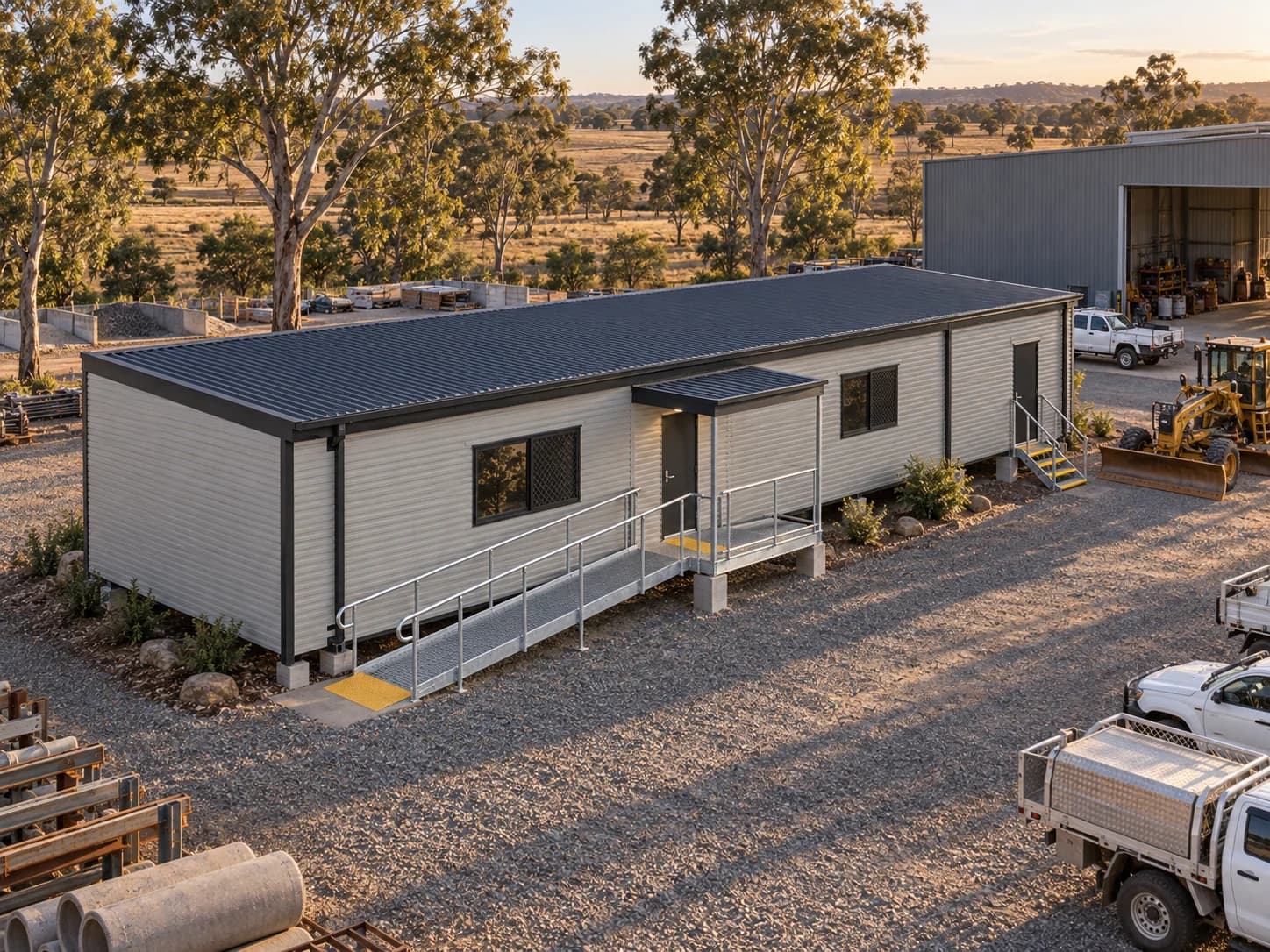Elevated view of a completed prefab building with entry ramp