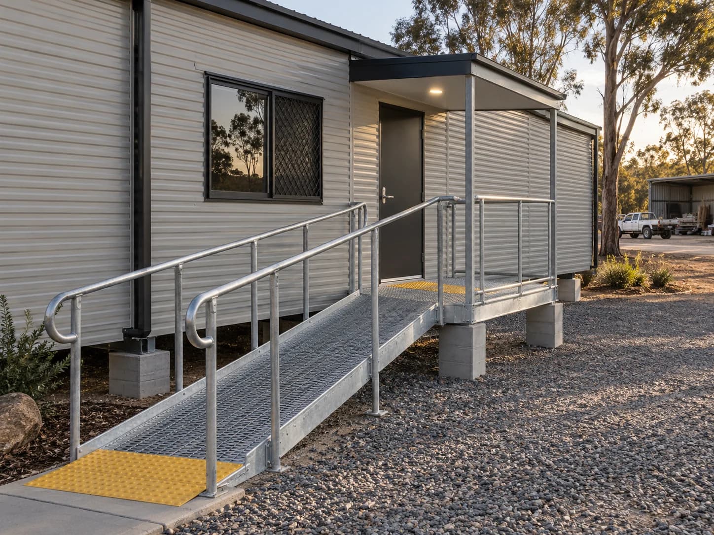 Entry ramp with handrails leading to a prefab building