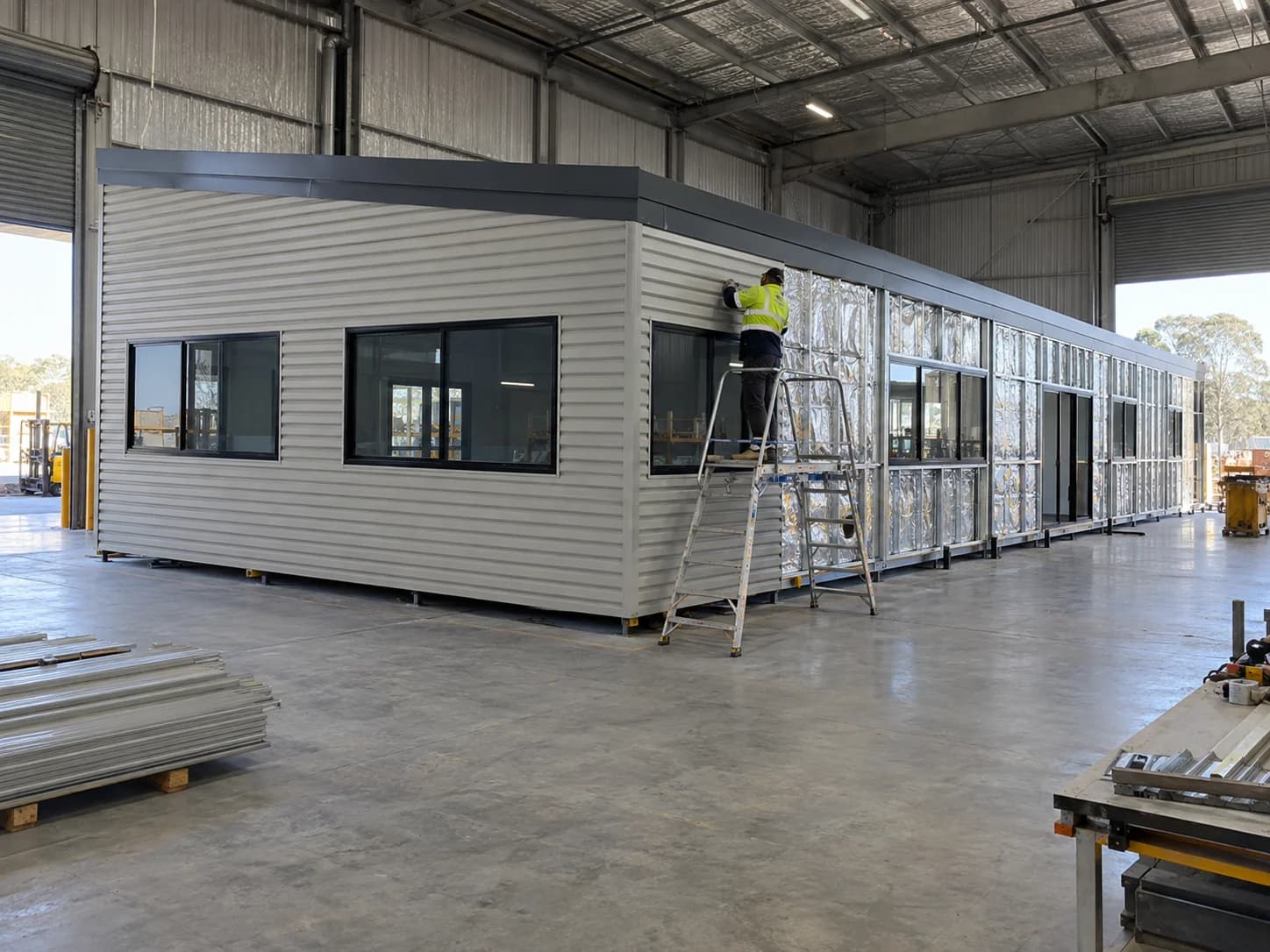 Prefab module being clad inside a factory
