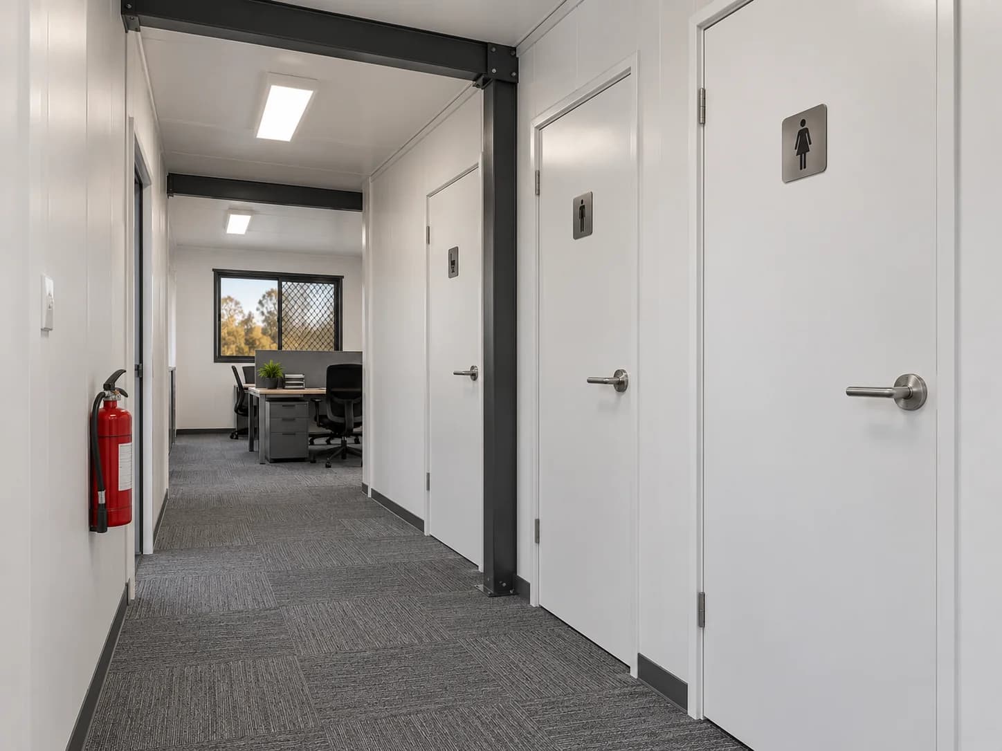 Prefab office corridor connecting amenities rooms and a workspace