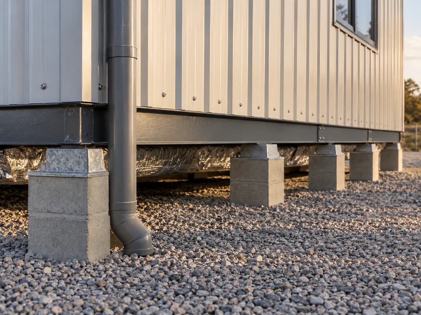 Steel chassis and concrete supports beneath a prefab building