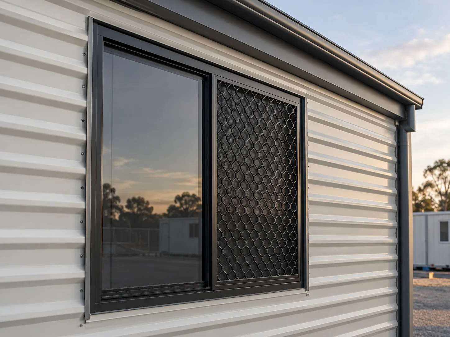 Sliding window with security screen and metal exterior cladding